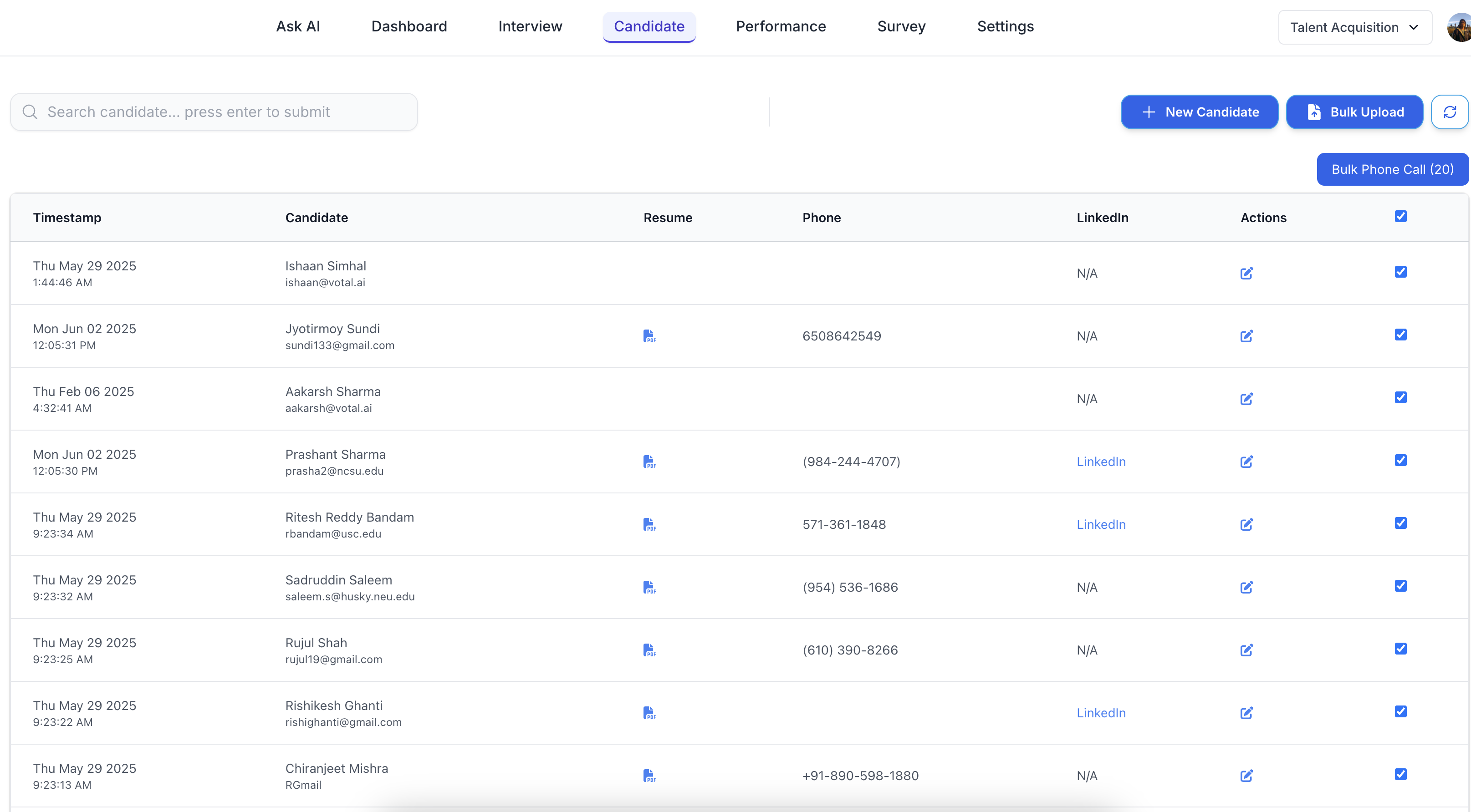 Candidate management dashboard showing applicant list and actions