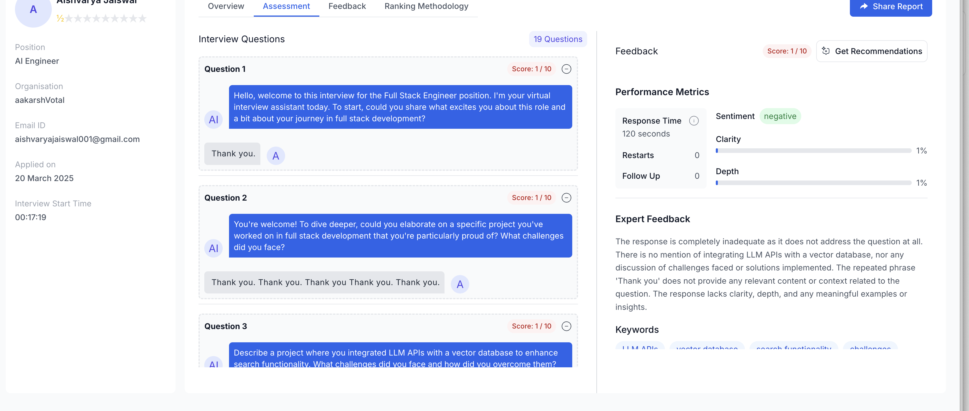 AI interview questions interface showing detailed candidate evaluation